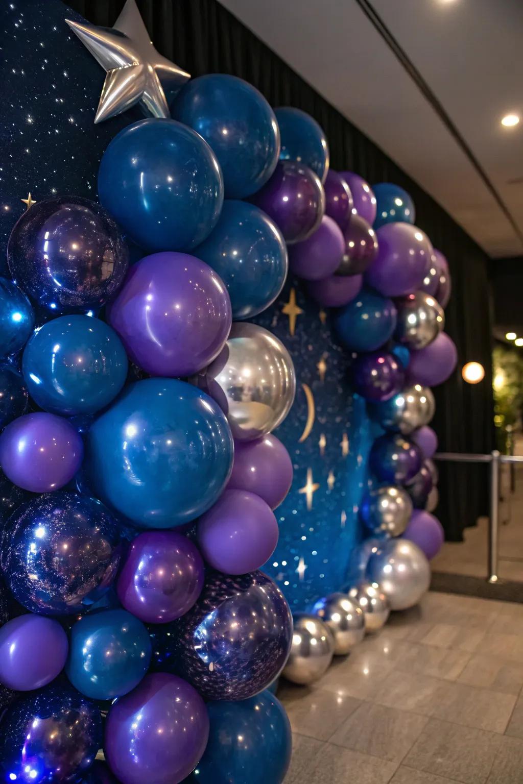 A cosmic galaxy balloon wall perfect for starry night events.