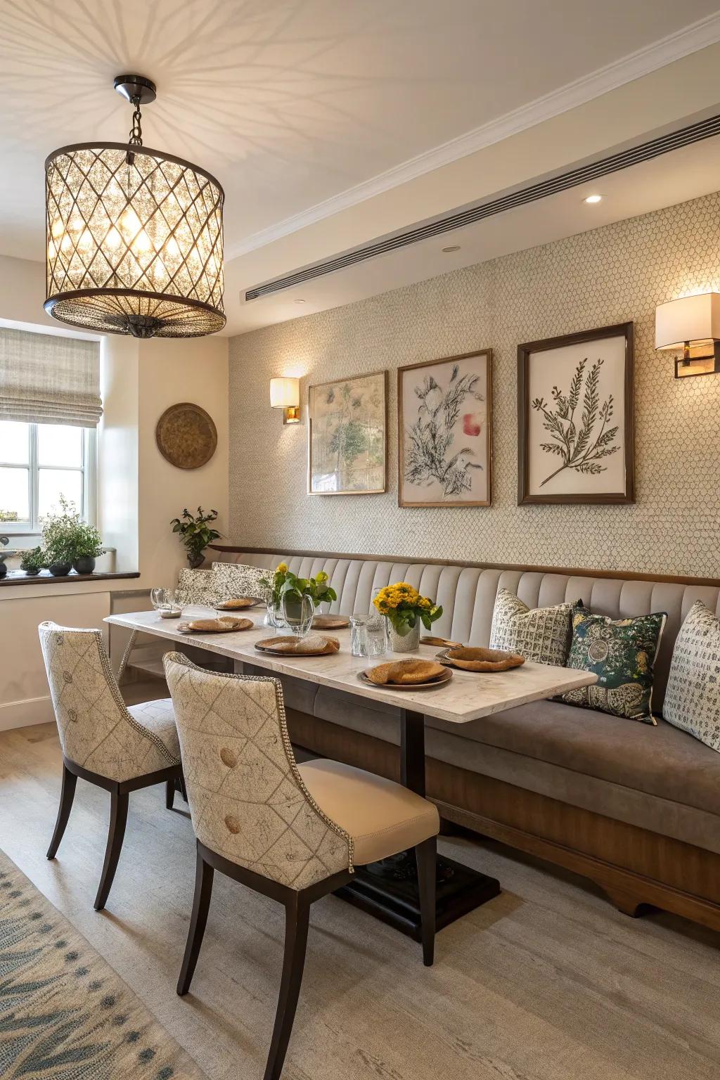 A creatively designed dining room showcasing asymmetric banquette seating.