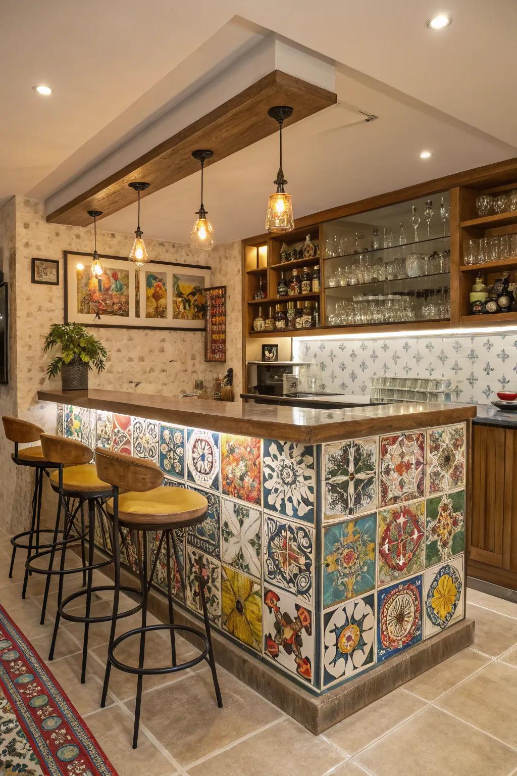 A home bar with an eclectic mix of tile patterns and colors.