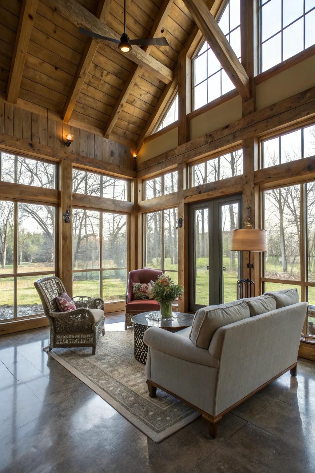 A bright and inviting sunroom in this delightful barndominium.