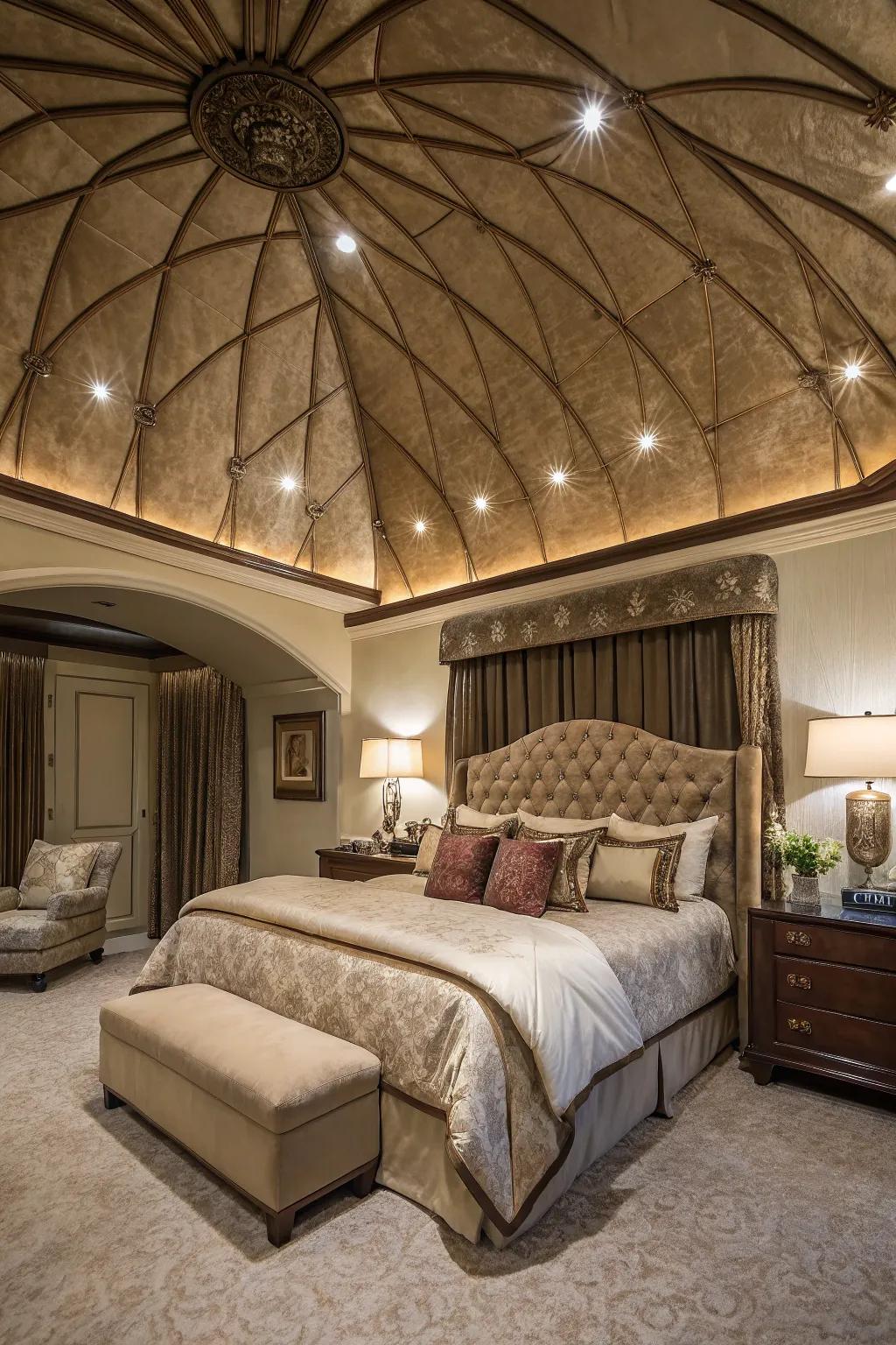 A luxurious master bedroom featuring an opulent barrel ceiling.