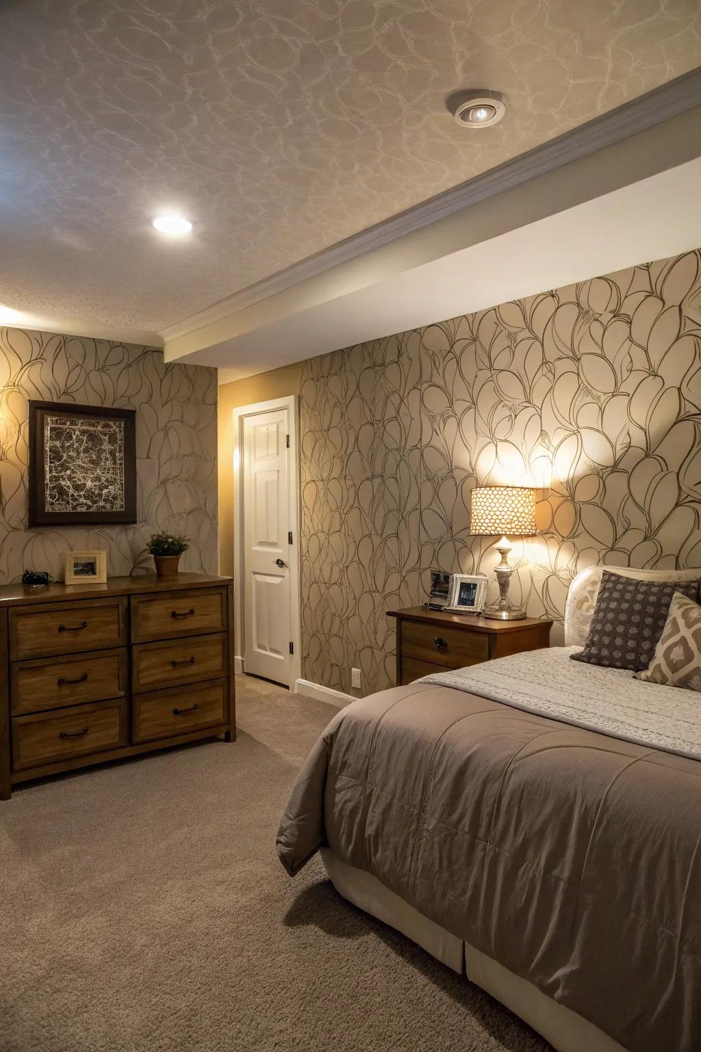 Accent walls can add depth and character to windowless bedrooms.