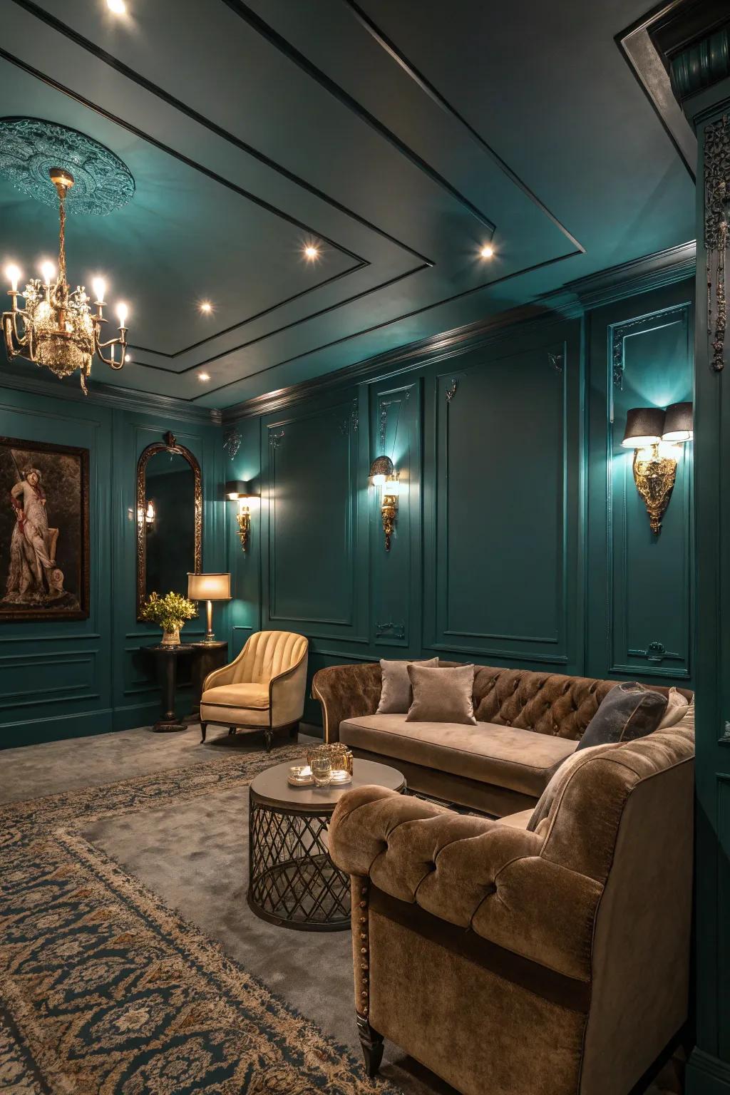 Deep teal walls add a sophisticated touch to this basement.