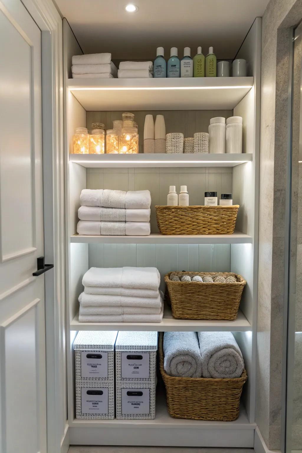 LED lighting enhancing the look of an organized bathroom closet.