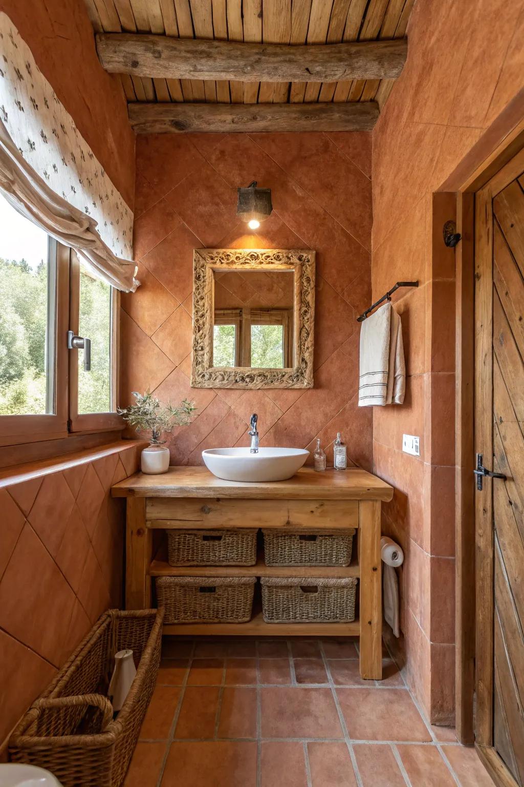 Terracotta walls bring warmth and rustic charm to the bathroom.