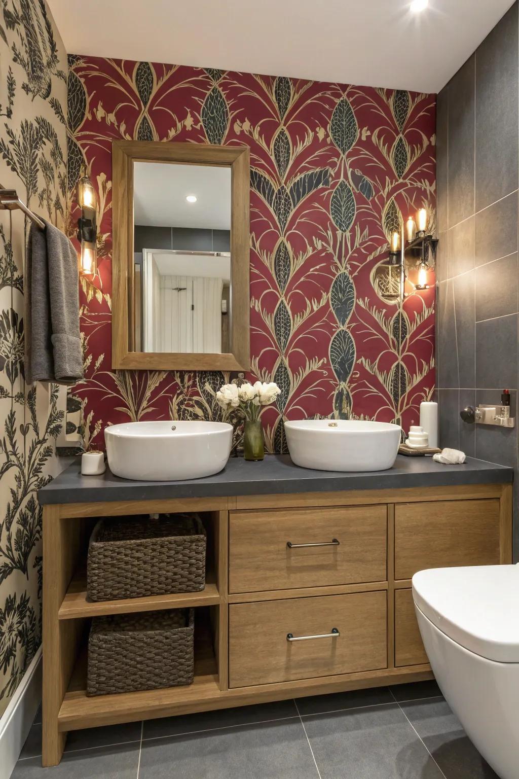 Contrast your wallpaper with fixtures to highlight your bathroom's best features.