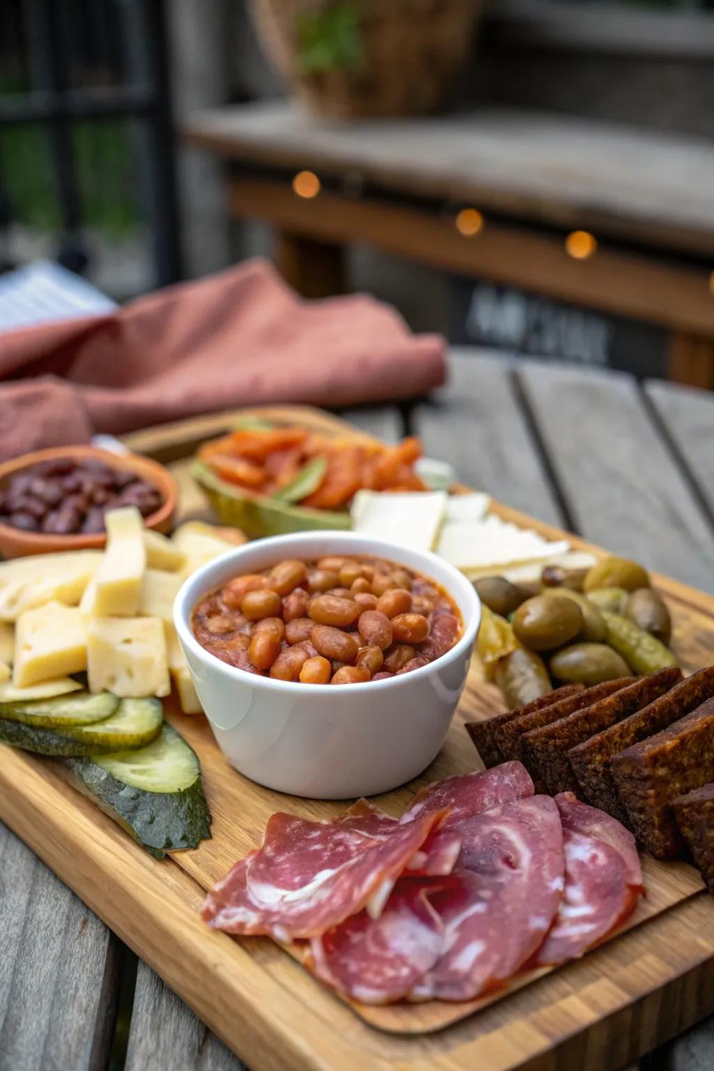 Baked beans add warmth and comfort to the board