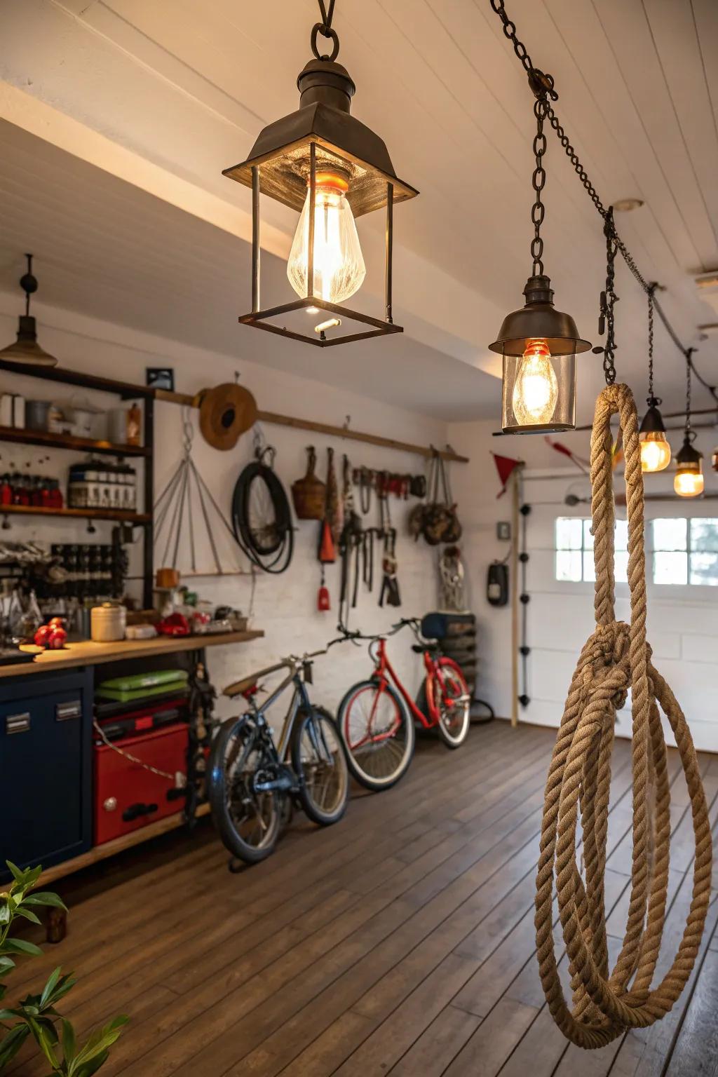 Nautical lights add charm and warmth to this garage.