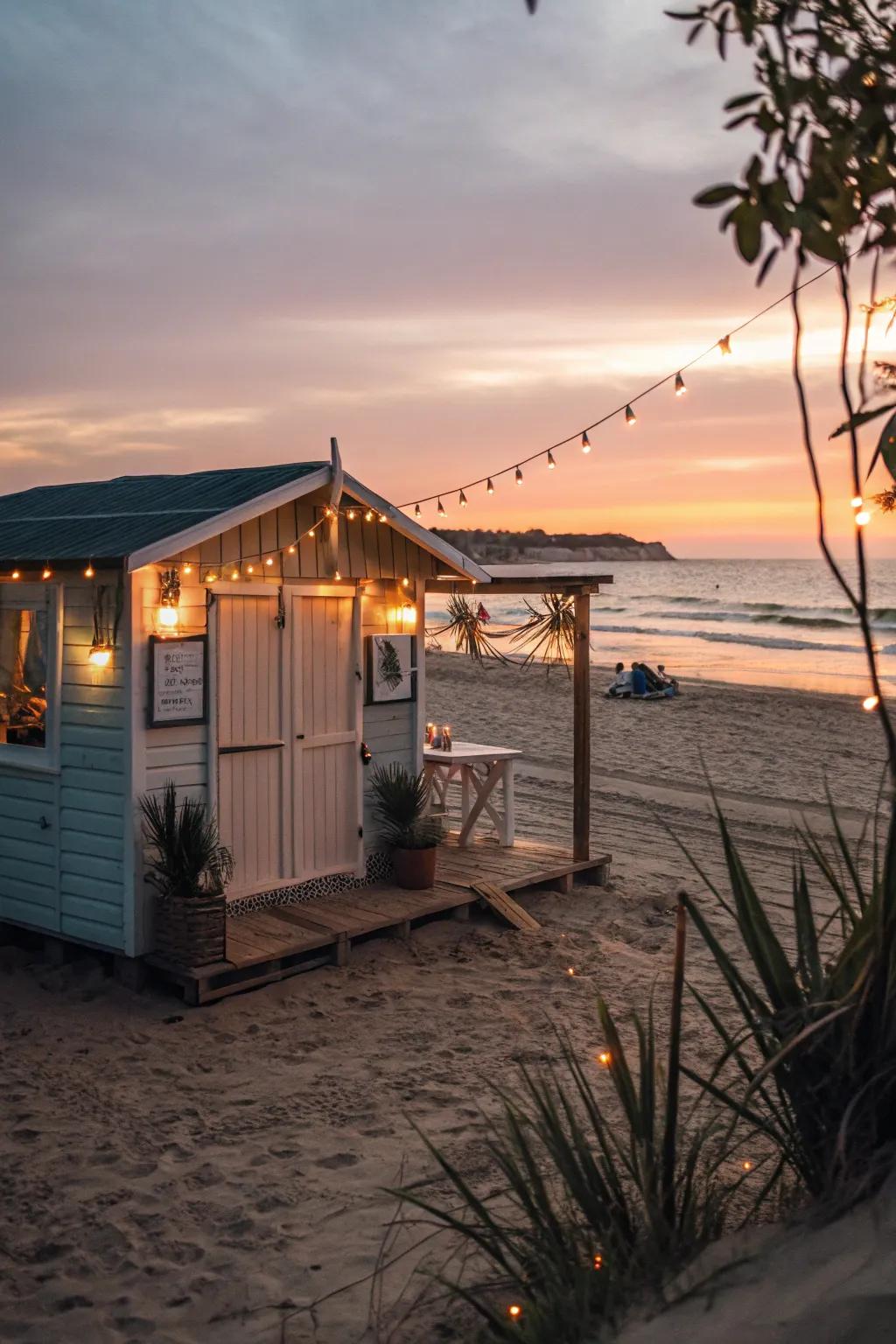 Beach-inspired lighting creates a cozy atmosphere around the shed.