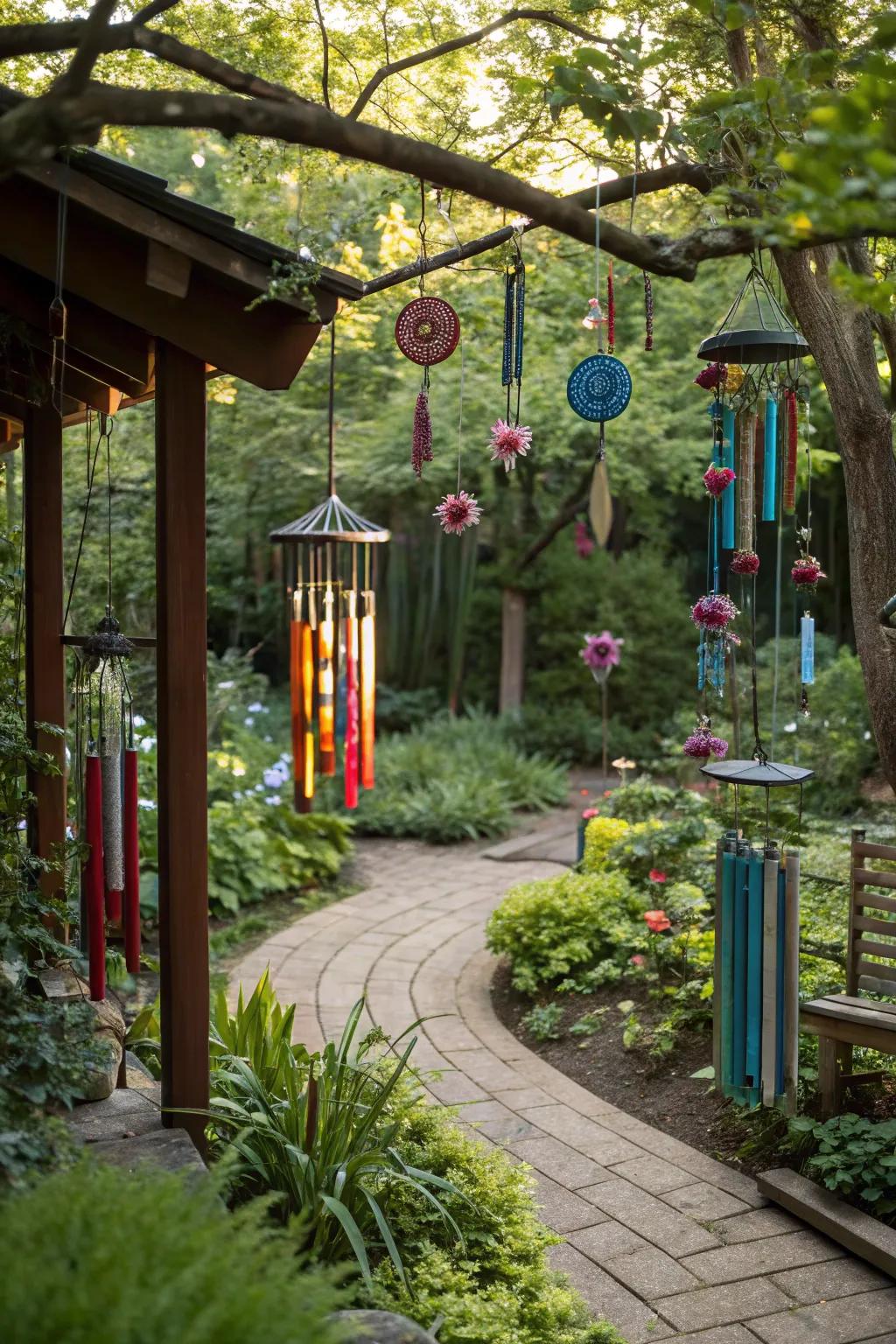 A garden adorned with unique metal sculptures and colorful wind chimes.