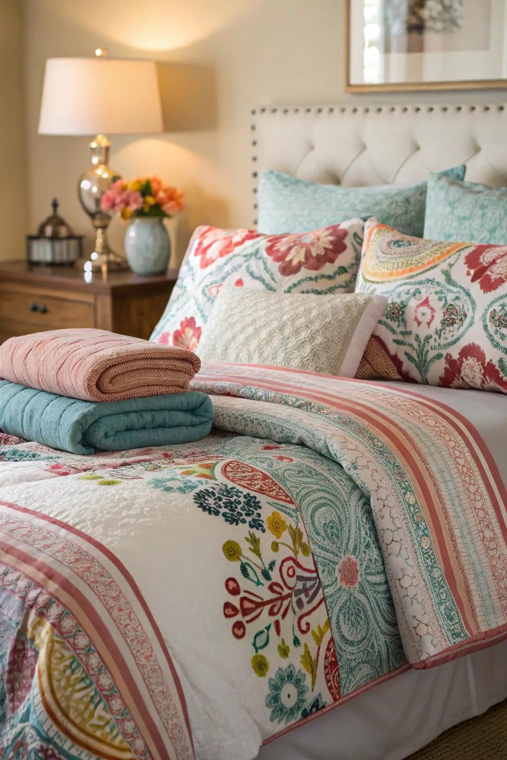 Layered bedding adds color and comfort to this restful space.