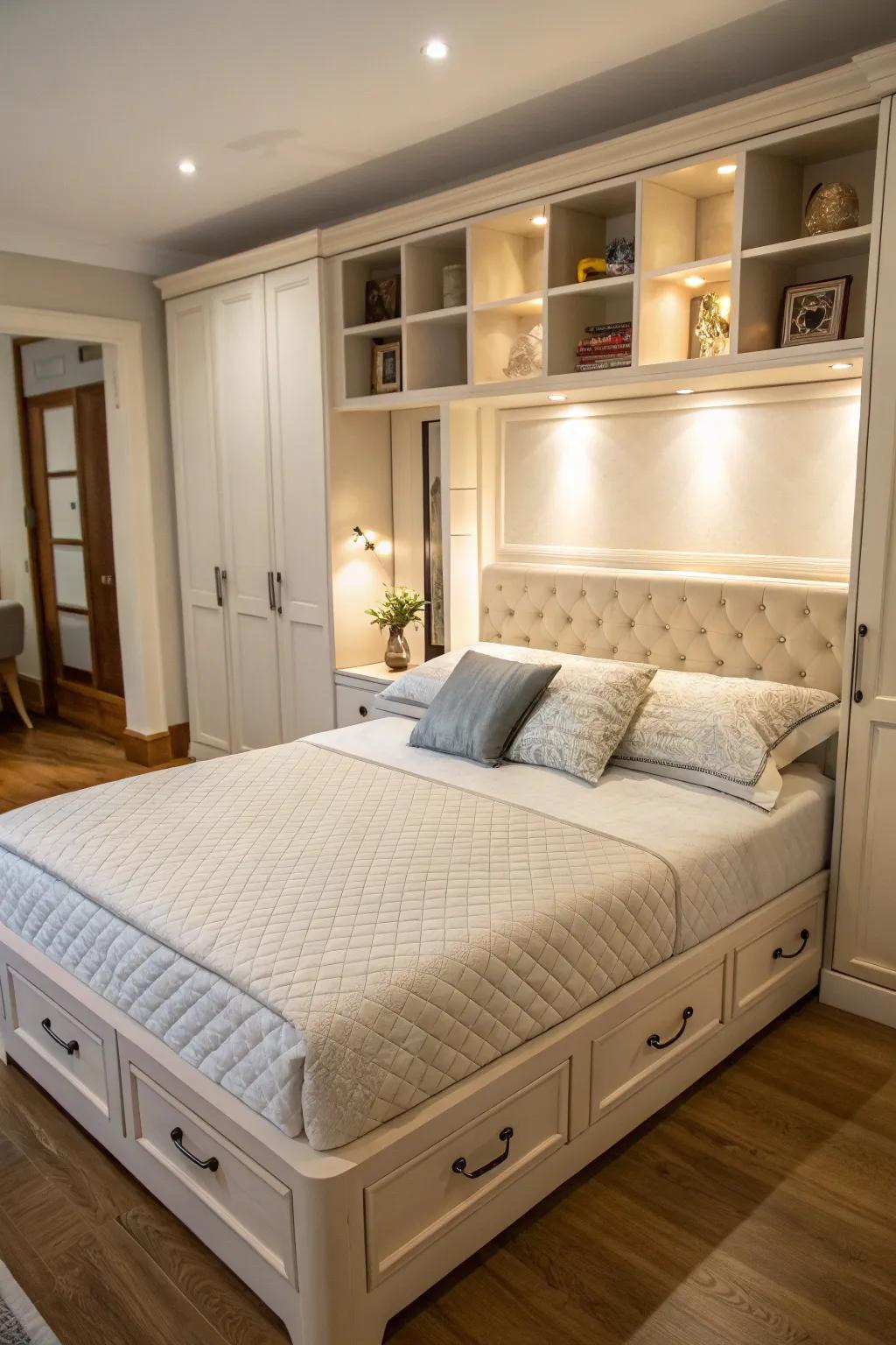 Maximize space with a headboard that offers additional storage.