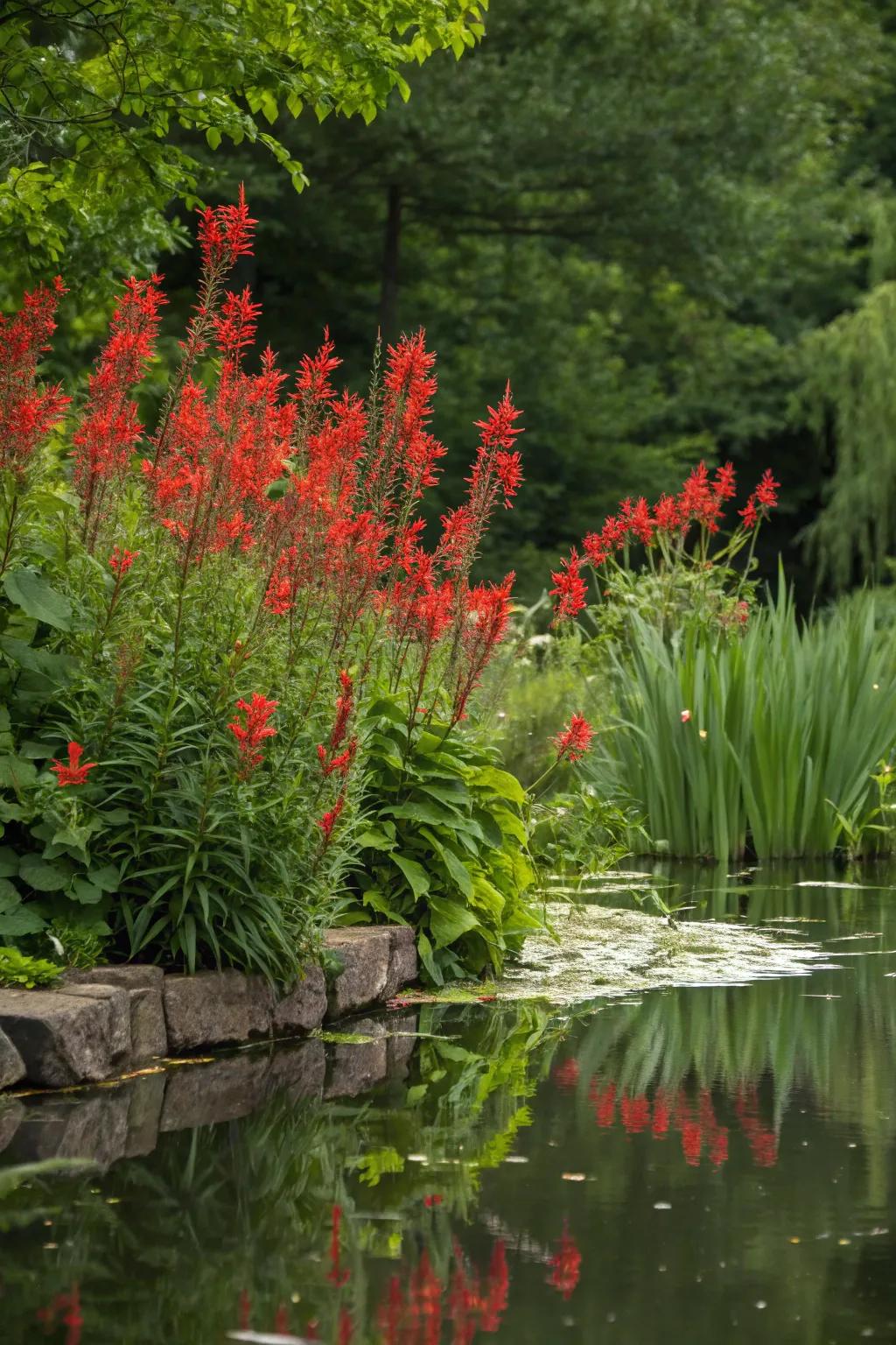 Cardinal Flowers attract hummingbirds with their vibrant red blossoms.