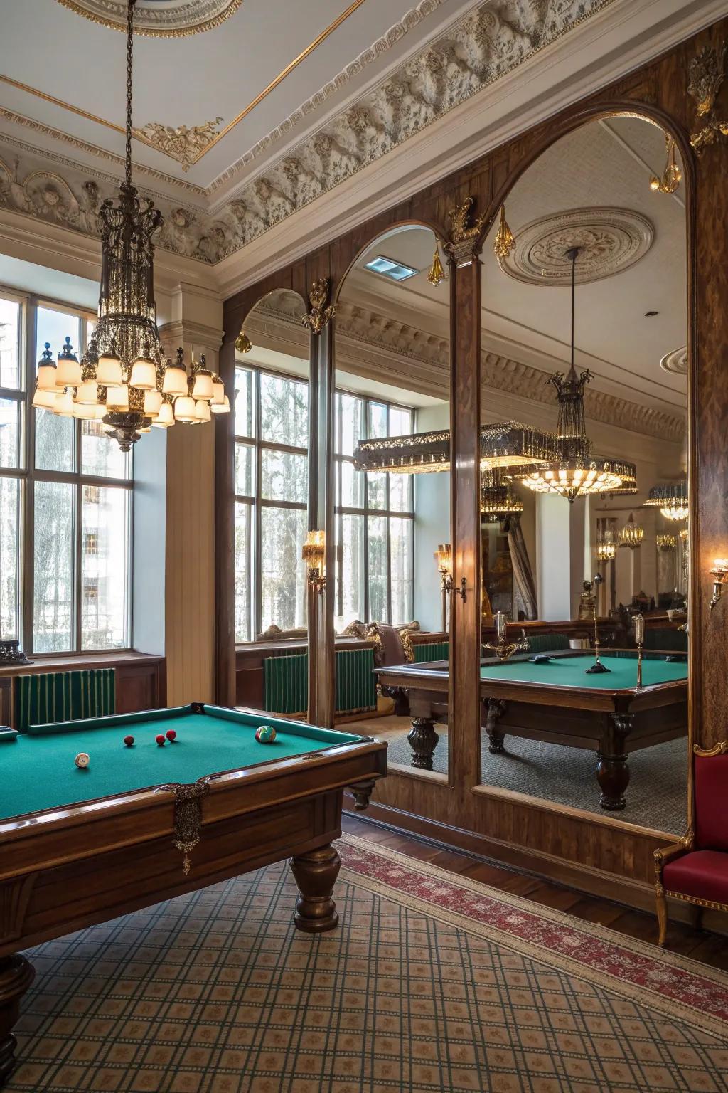 Mirrors creating an illusion of space in a billiard room.