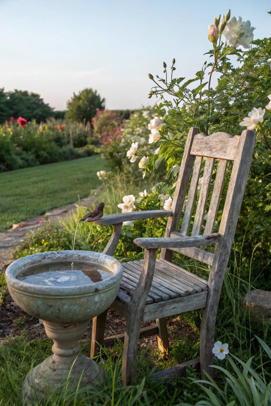 A chair turned bird bath offering a unique garden appeal.