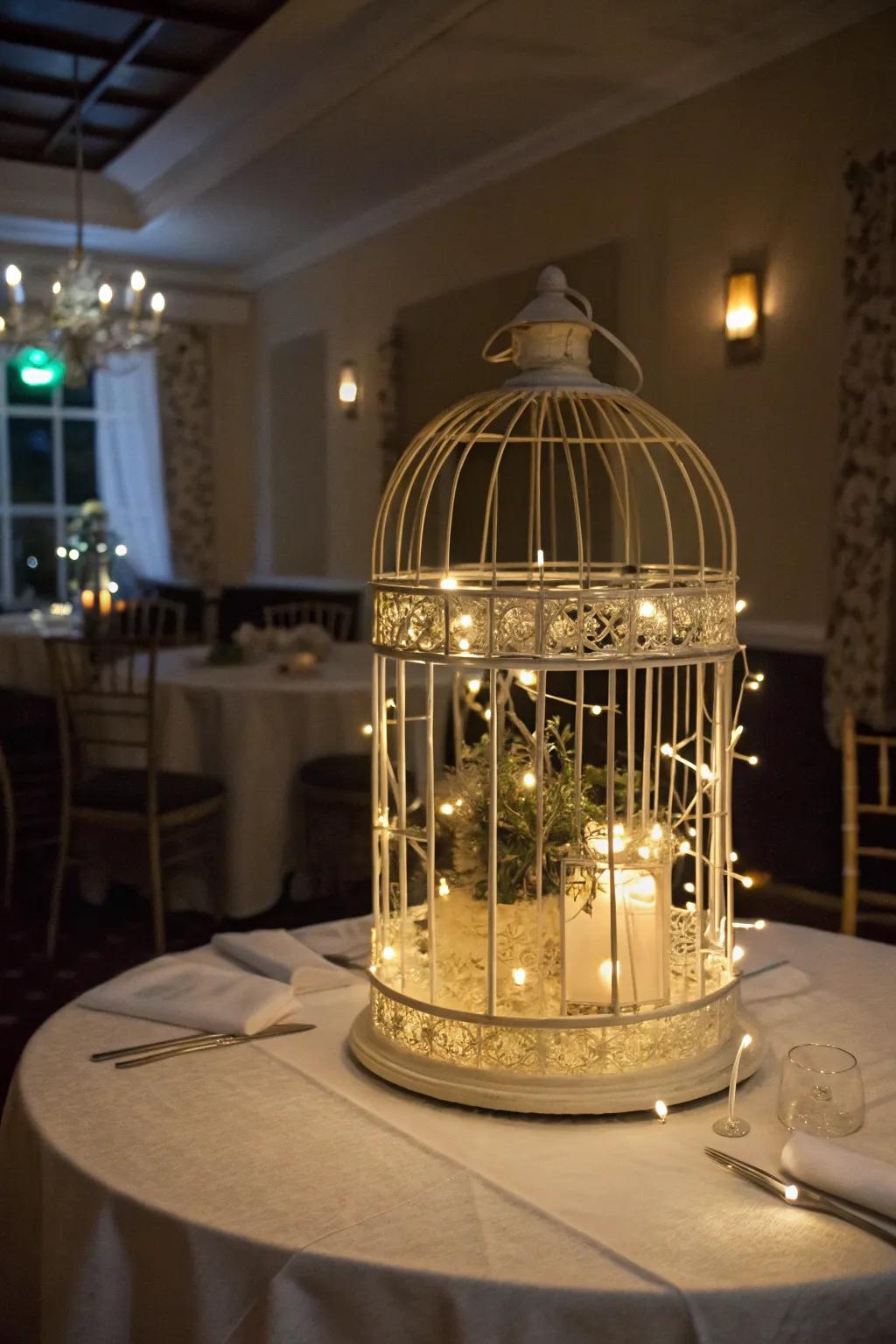 A whimsical bird cage centerpiece with twinkling fairy lights.