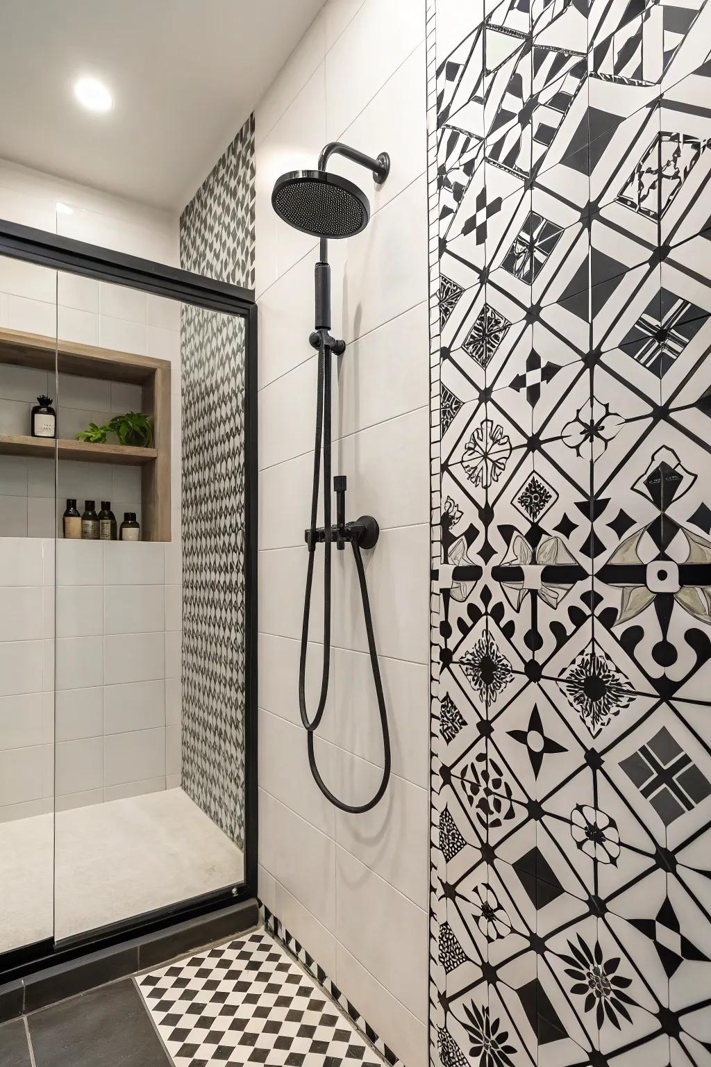 Monochrome decor complements the tile design.