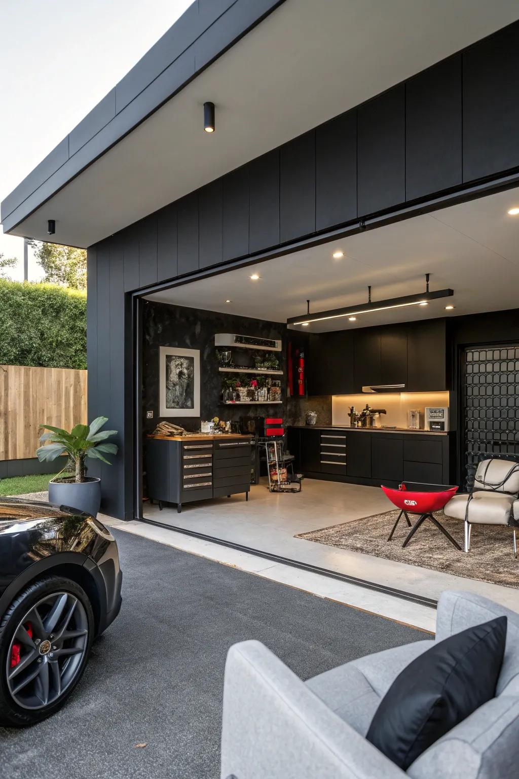 A black accent wall serves as a striking focal point.