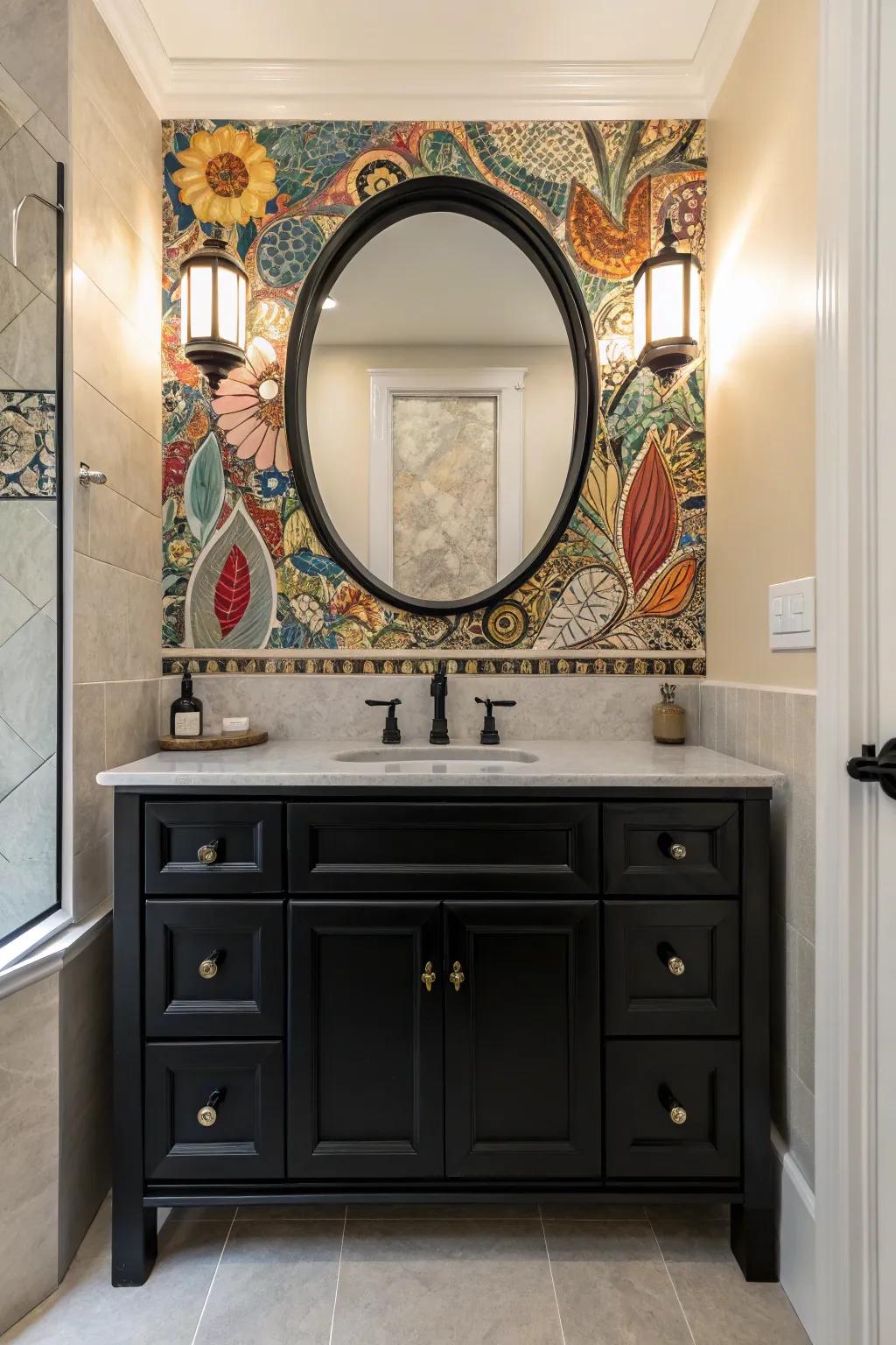 Mosaic tiles create a stunning backdrop for a black vanity, adding artistic charm.