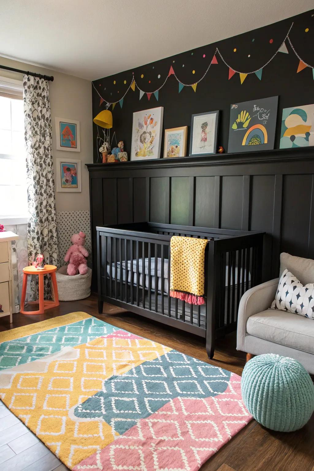 Chic nursery with modern black wainscoting.