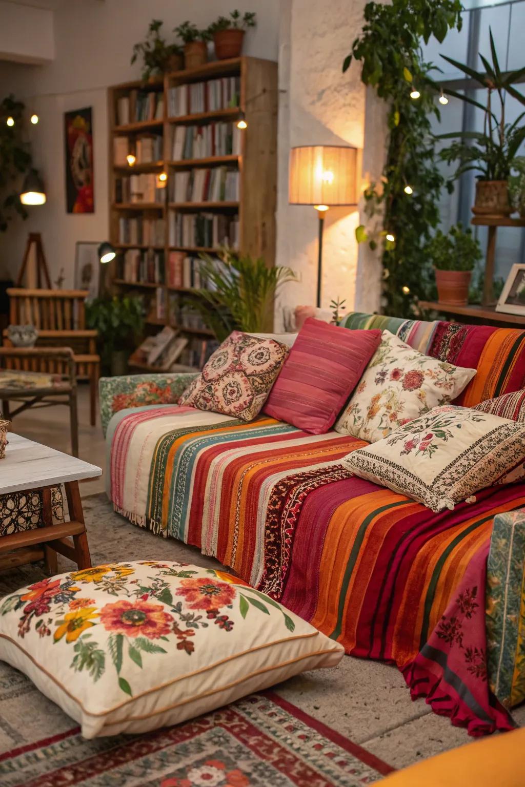 A dynamic mix of patterns in a bohemian setting.