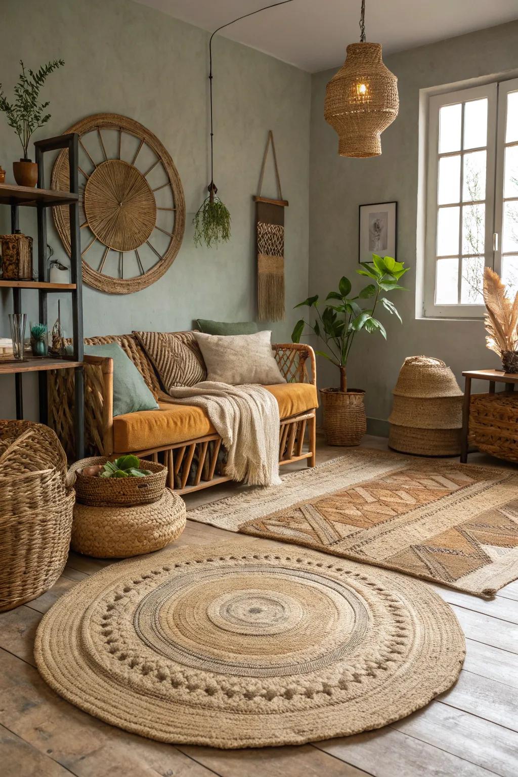 Natural fiber rugs ground your boho loft with earthy textures.