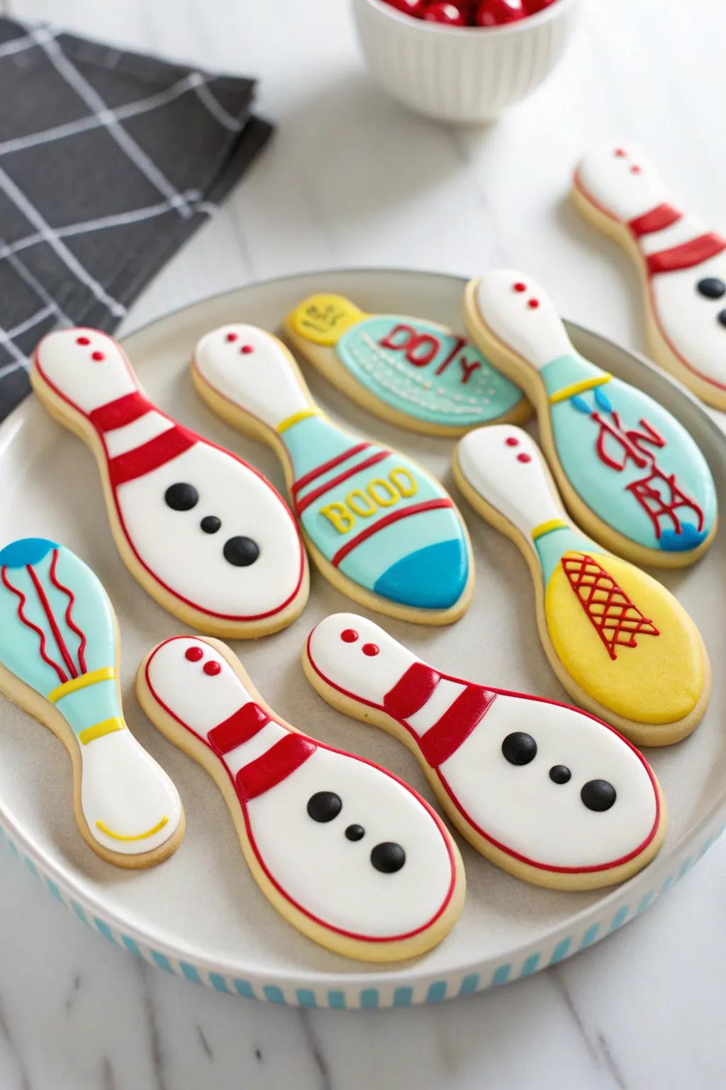 Deliciously decorated edible bowling pins for a sweet centerpiece.