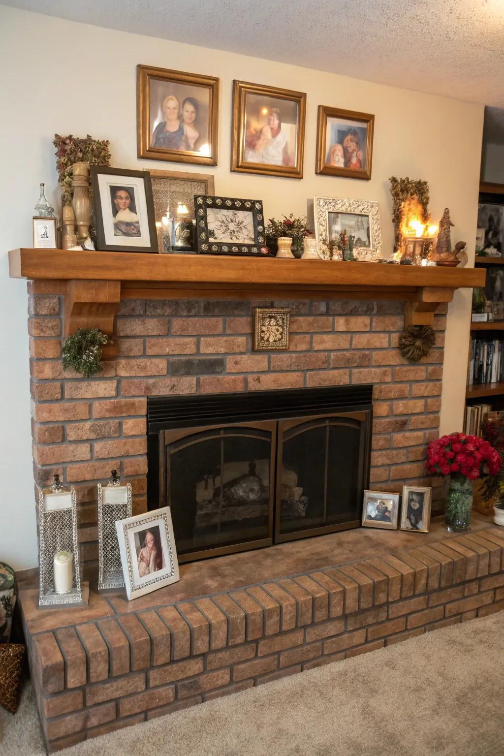 A brick hearth with personalized decor, showcasing family photos and meaningful items.