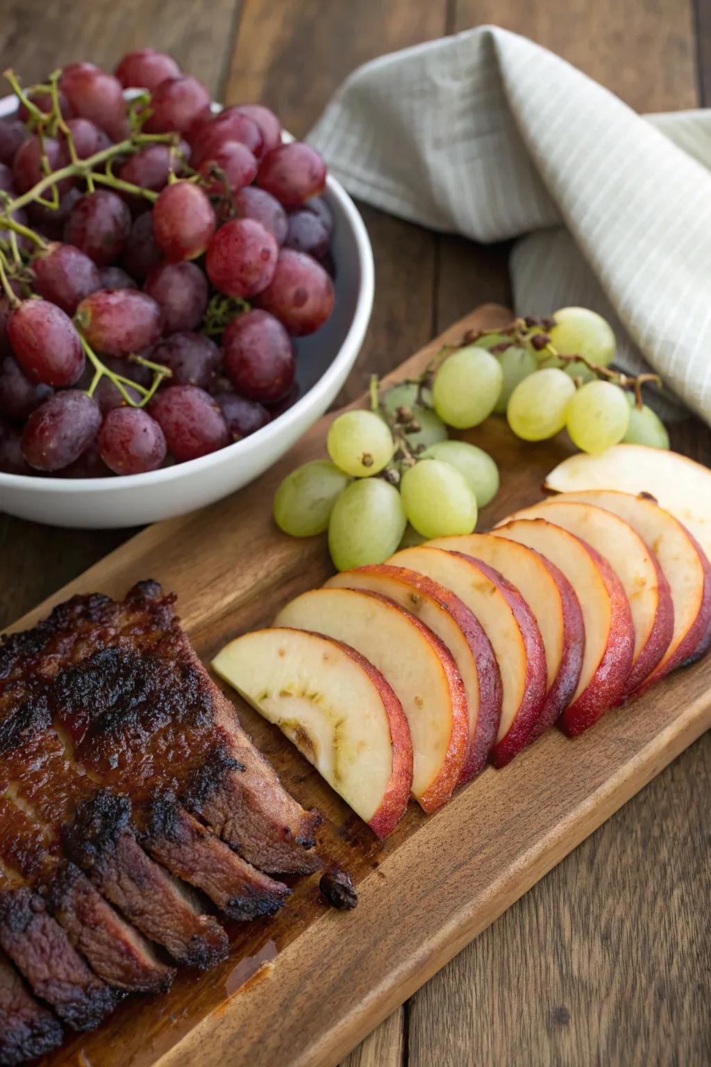 Fresh fruits bring a sweet contrast to the savory meats.