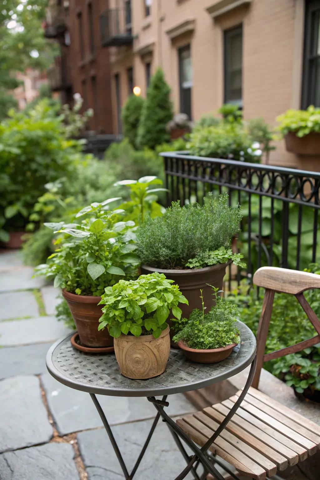 A potted herb garden offers fresh flavors and charming decor.