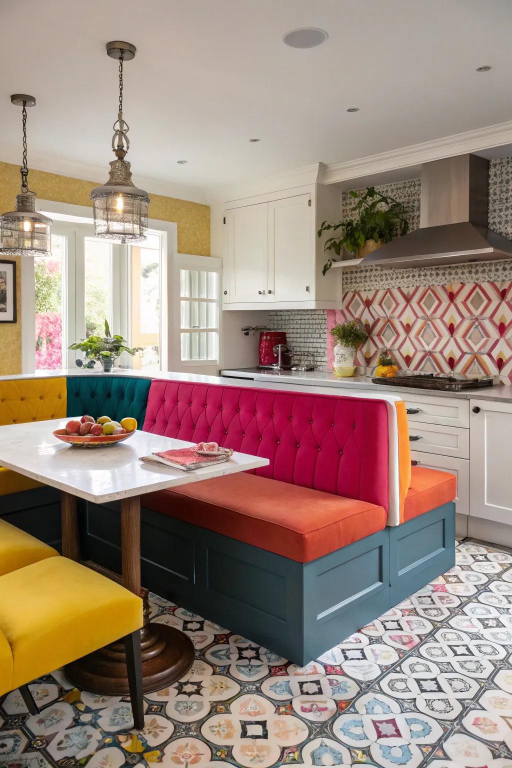 Bold colors on banquette seating for a lively kitchen atmosphere.