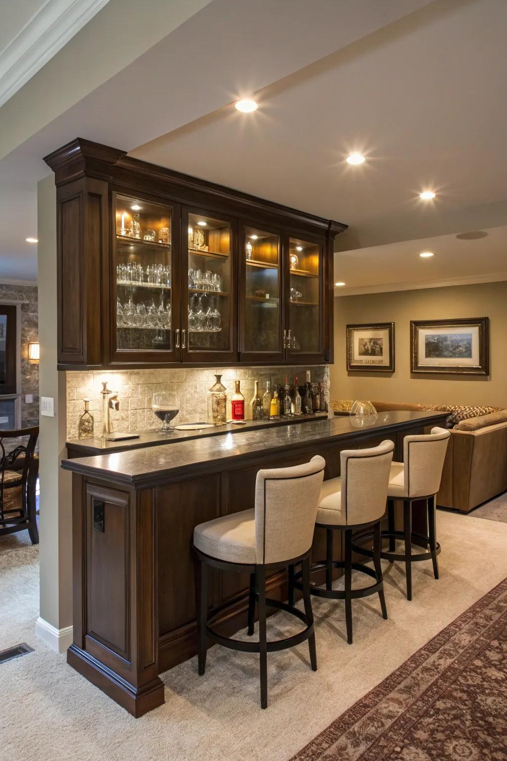Under-cabinet lighting enhances the atmosphere of this built-in bar.