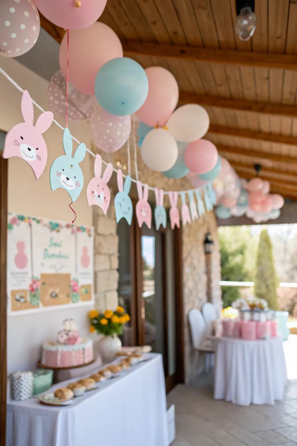 Playful bunny garlands add a whimsical touch to the decor.