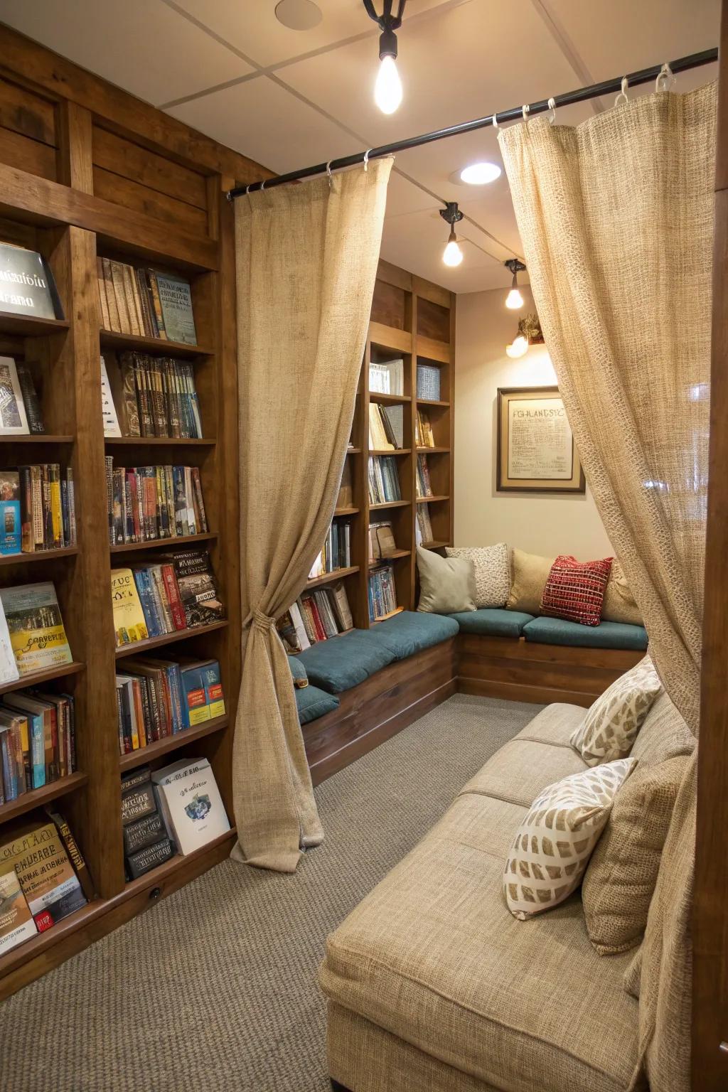 Cozy appeal with burlap curtains in a reading nook.