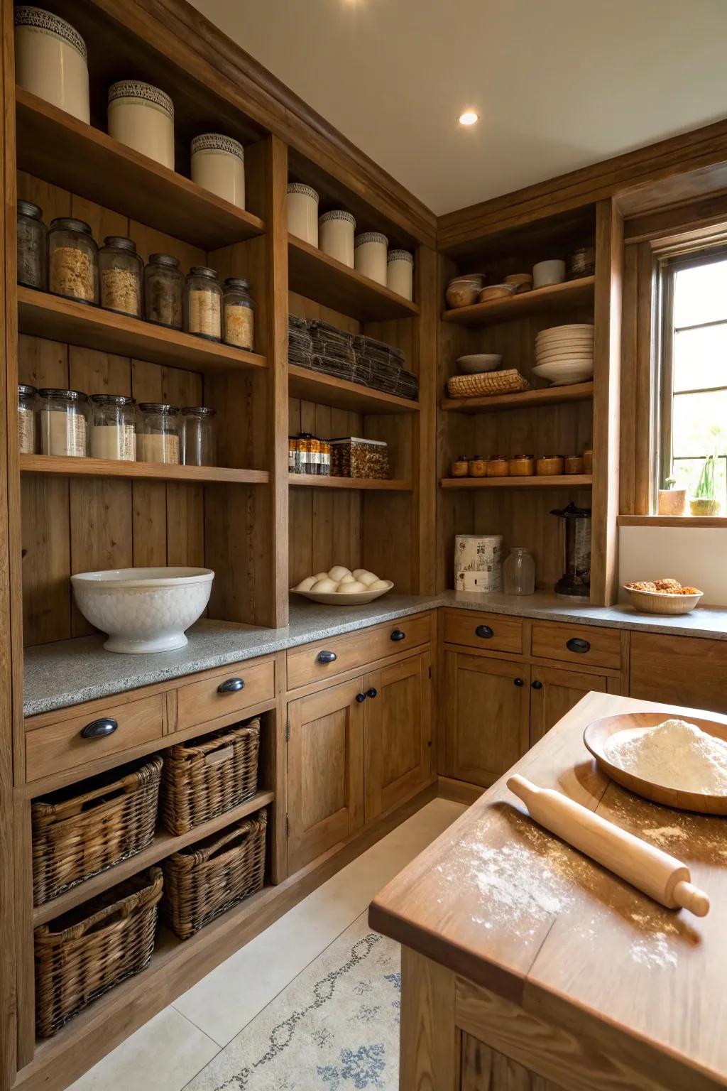 A cozy butler's pantry with a dedicated baking nook for home bakers.