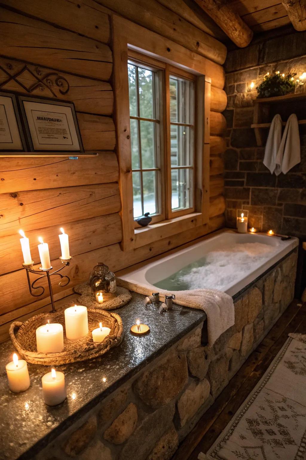 A cabin bathroom with candles for a relaxing, spa-like ambiance.