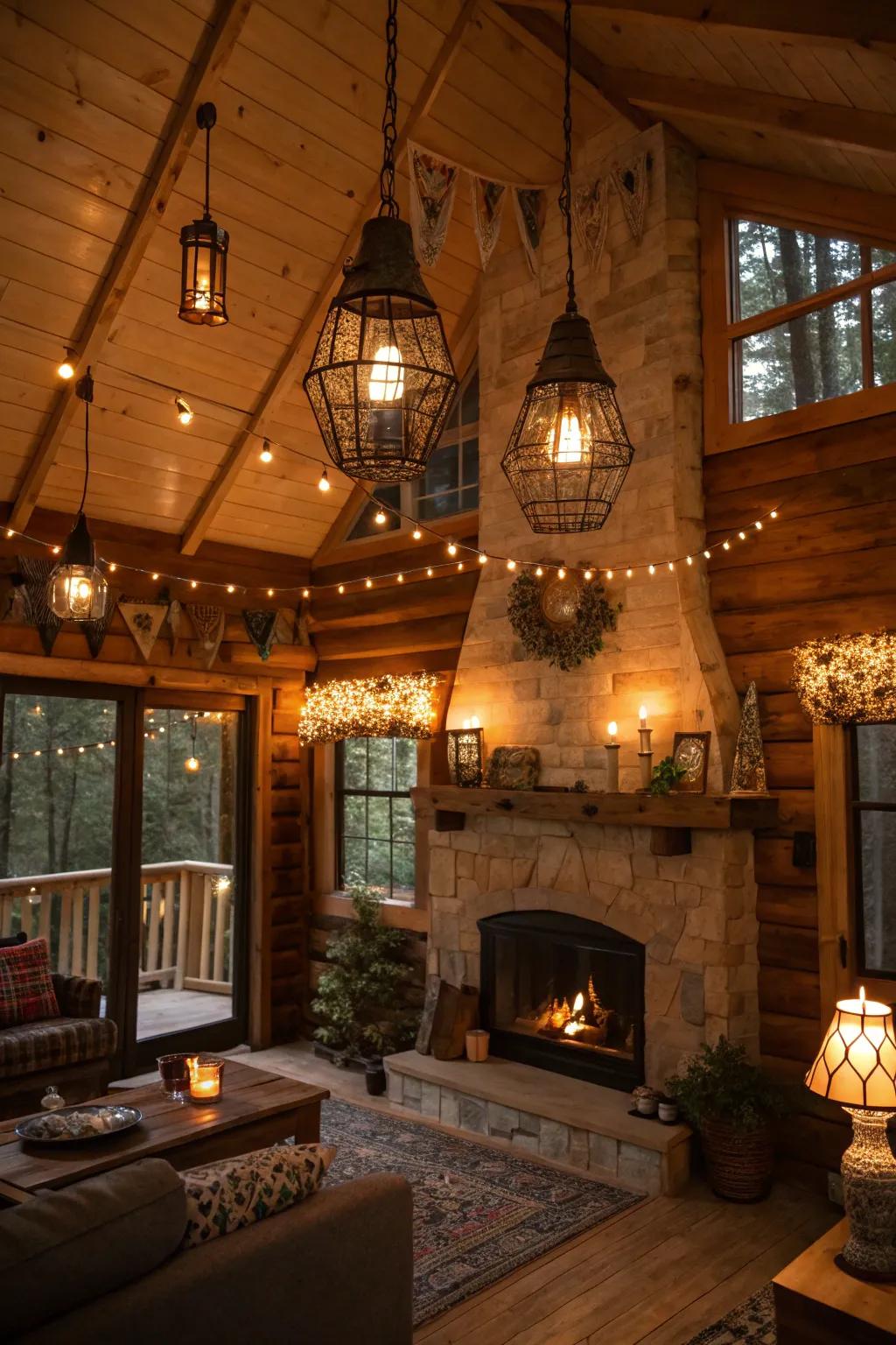 Eclectic lighting fixtures illuminate this cabin with style.