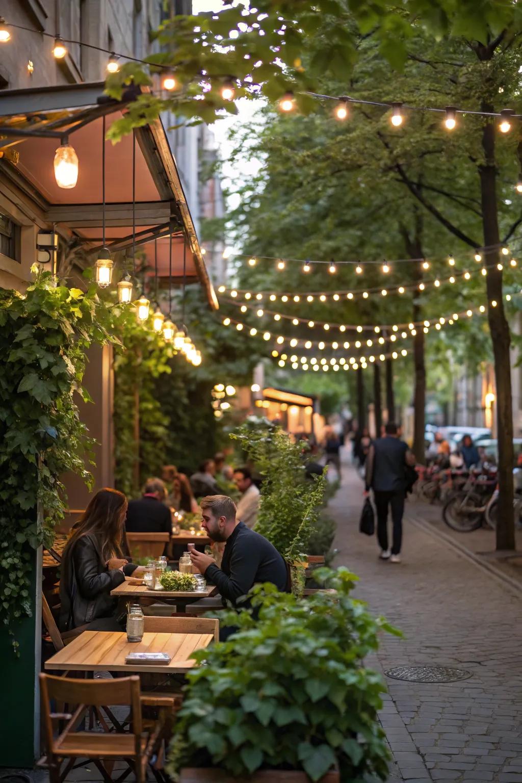 A whimsical outdoor cafe area beautifully lit with festoon string lights.
