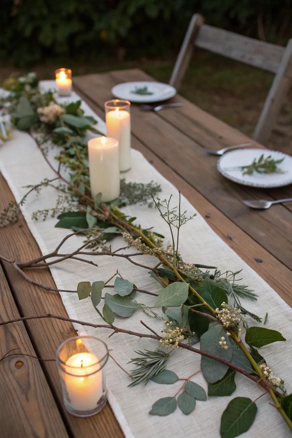 A rustic table runner with natural elements and candles.