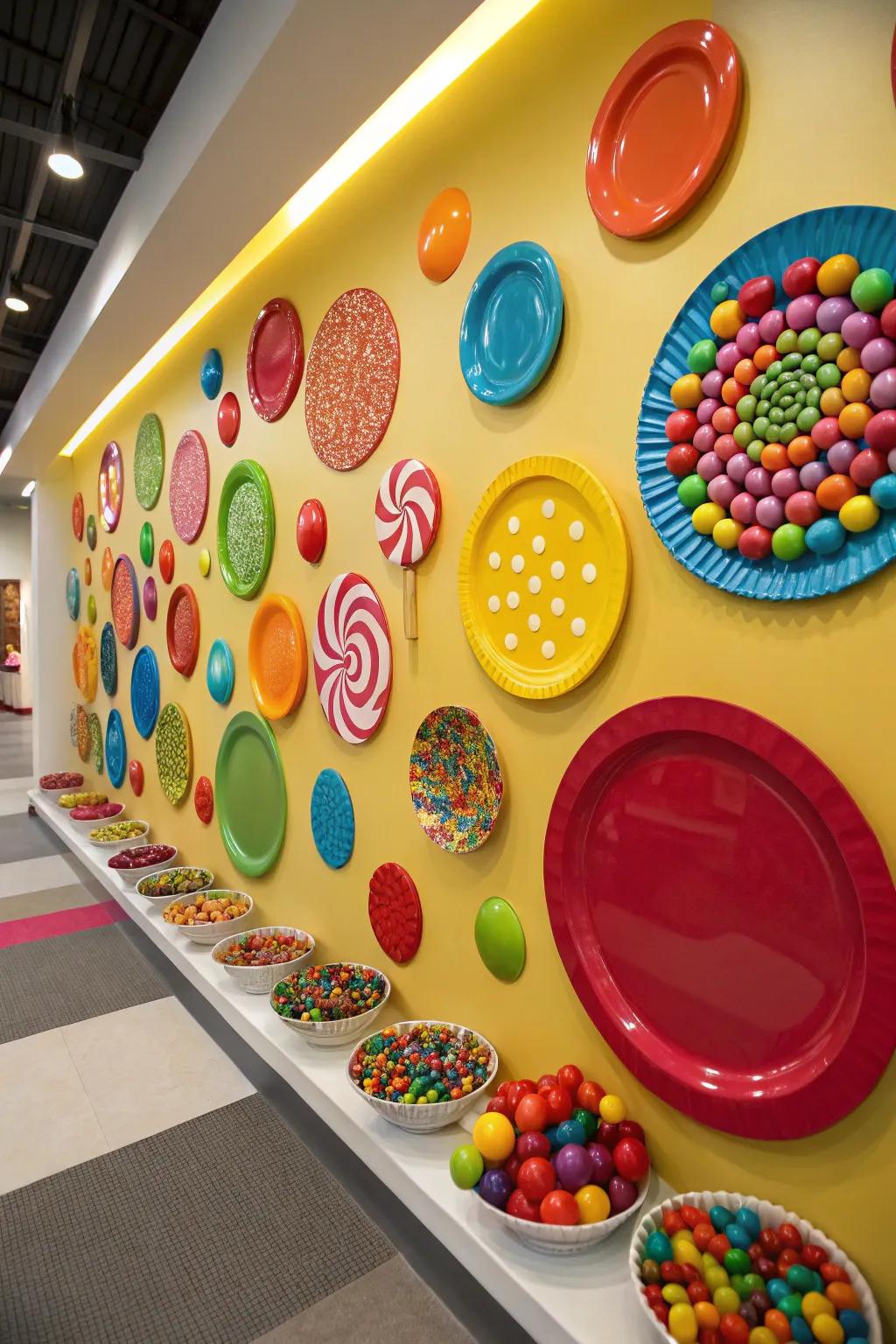 Colorful plates wrapped as candies add charm to your walls.