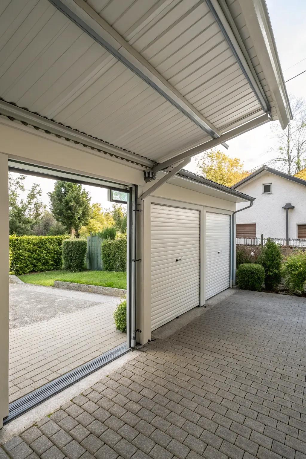 An enclosed carport with roller doors, offering security and weather protection.