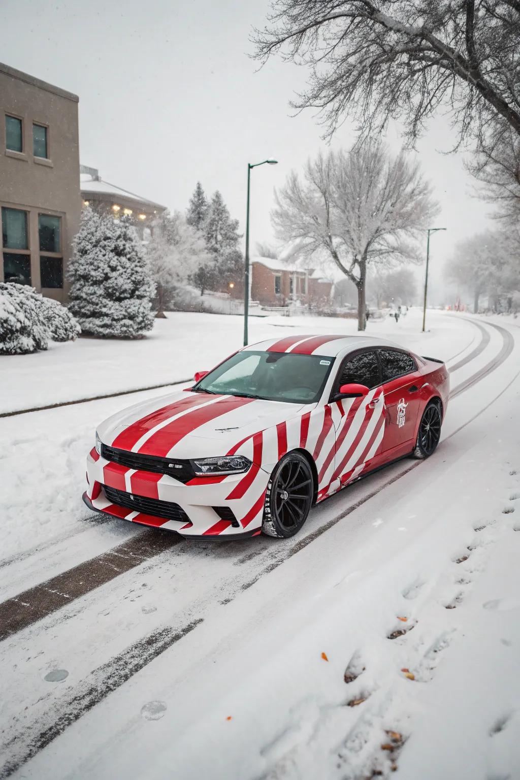 A car dressed in candy cane stripes, bringing sweet holiday vibes.