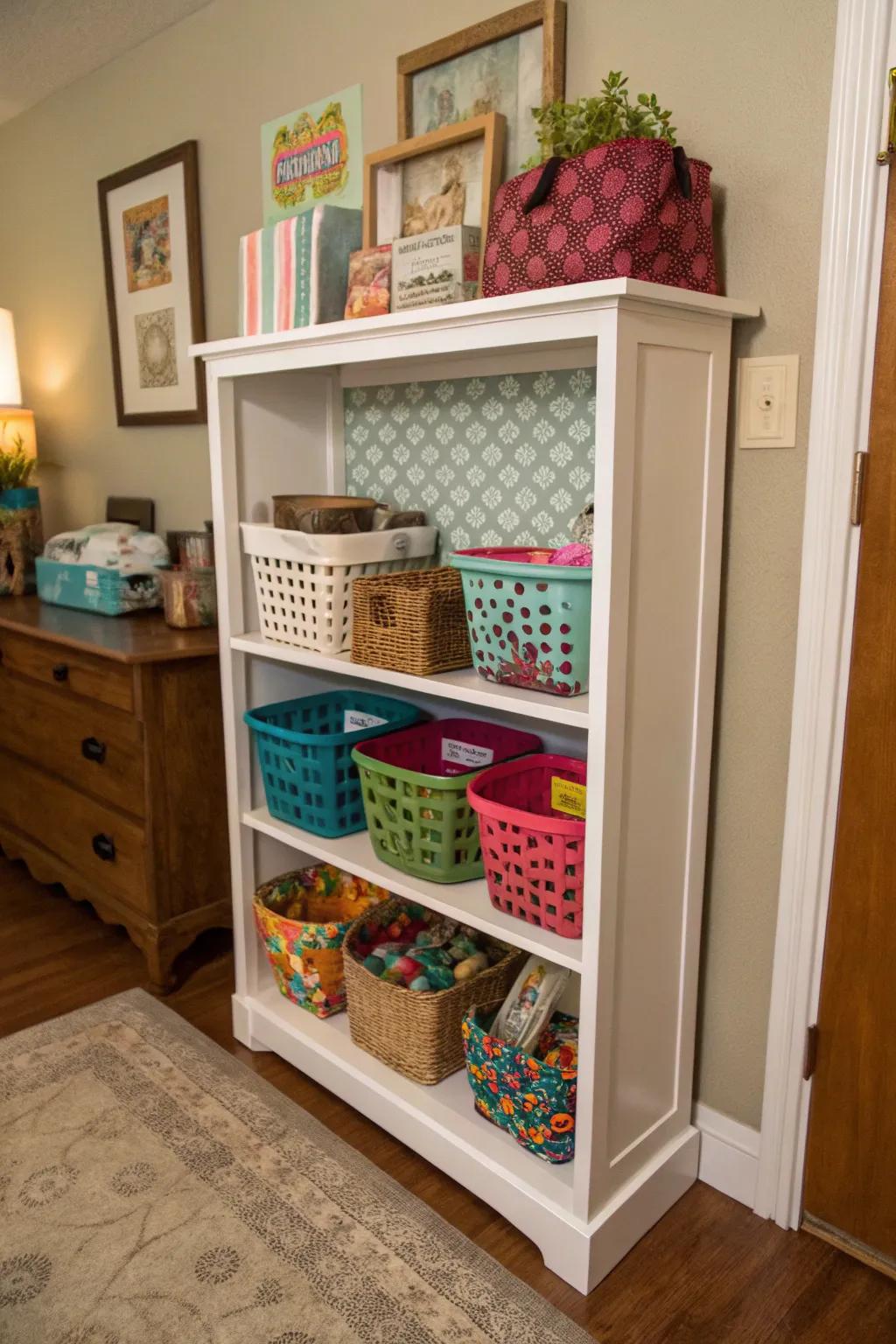 Repurposed bookshelf creatively used for cat food storage.