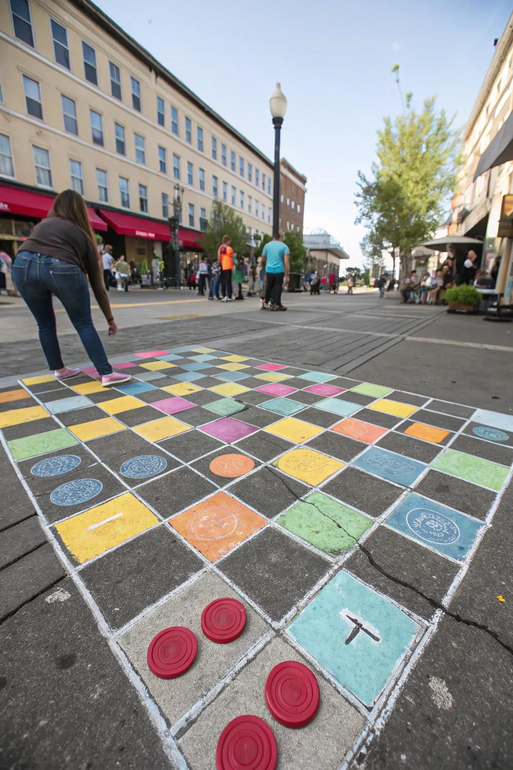 A playful chalk-drawn checkers board ready for outdoor fun.