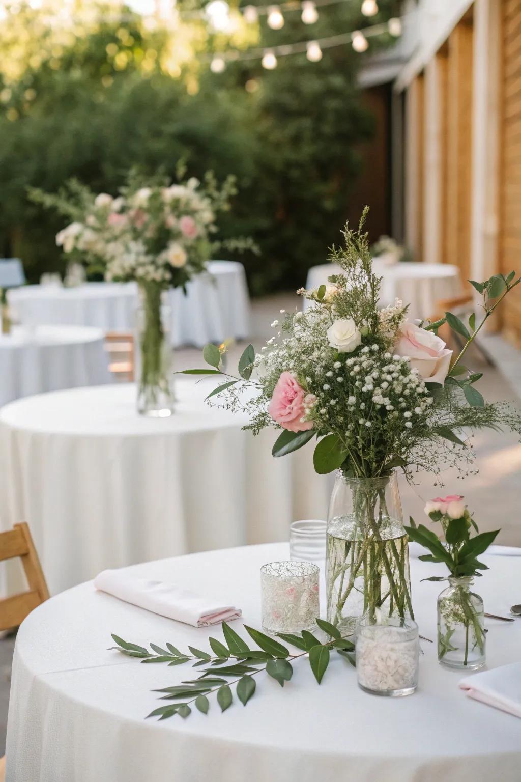 Chic minimalistic floral arrangements for a stylish wedding table.