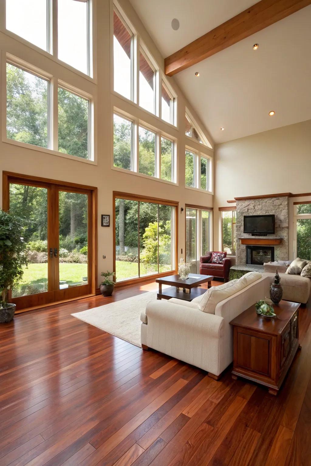 Open layouts enhance the luxuriousness of cherry wood floors.