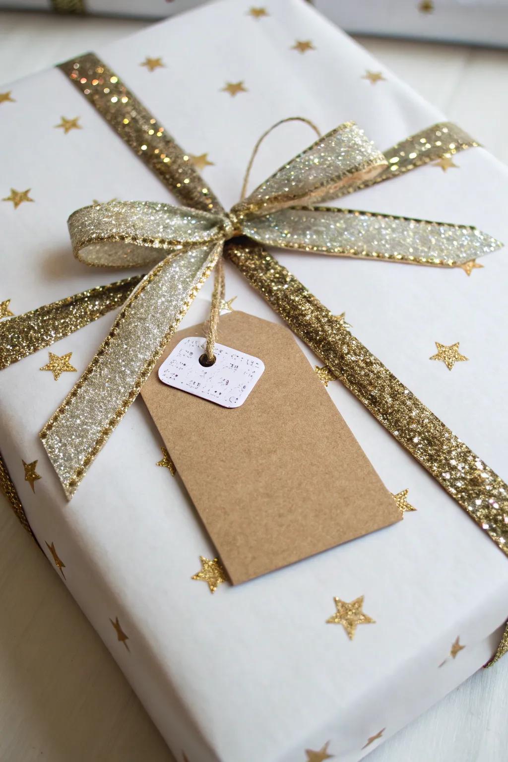 Festive sparkle with glittery ribbon and tag.