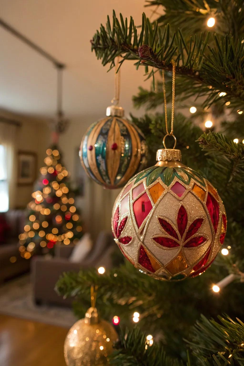 Vintage glass ornaments adding elegance to a tree.