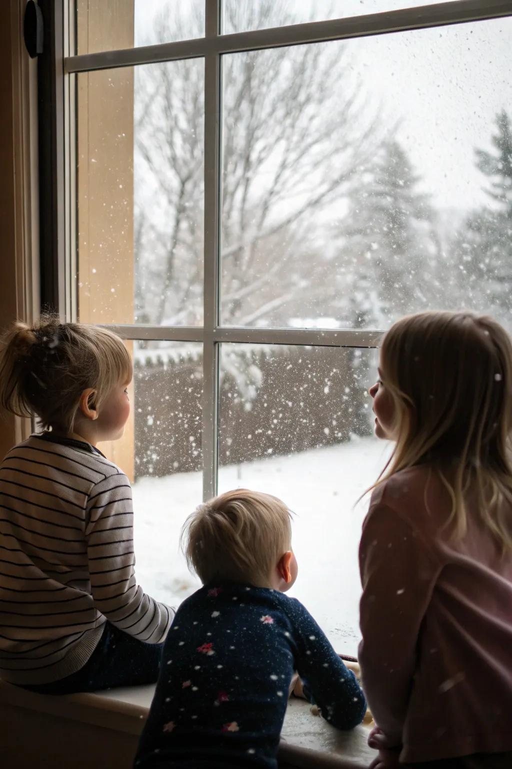 Children gazing out at the snow, filled with wonder.