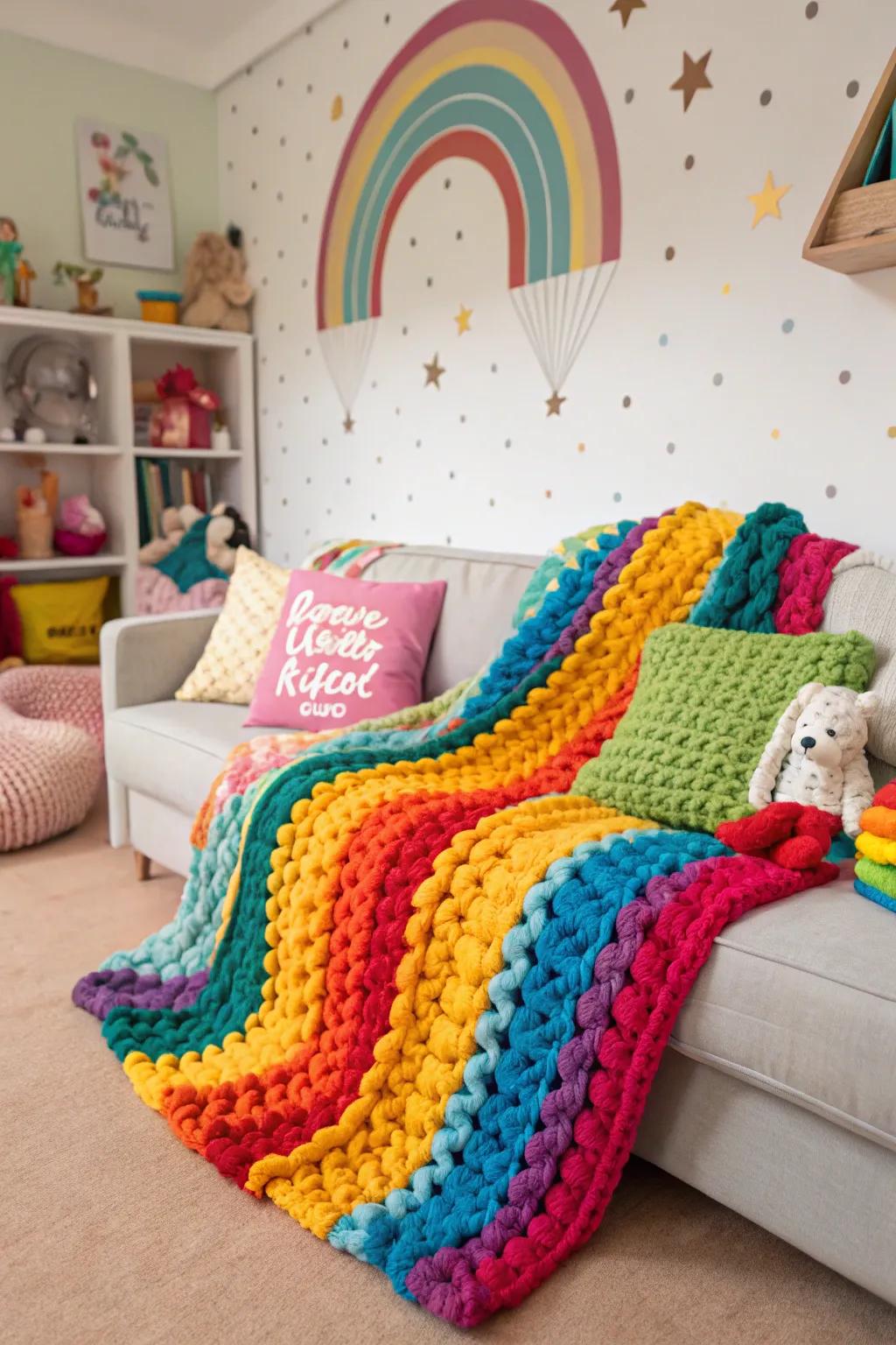 Multicolored blankets add a playful touch.